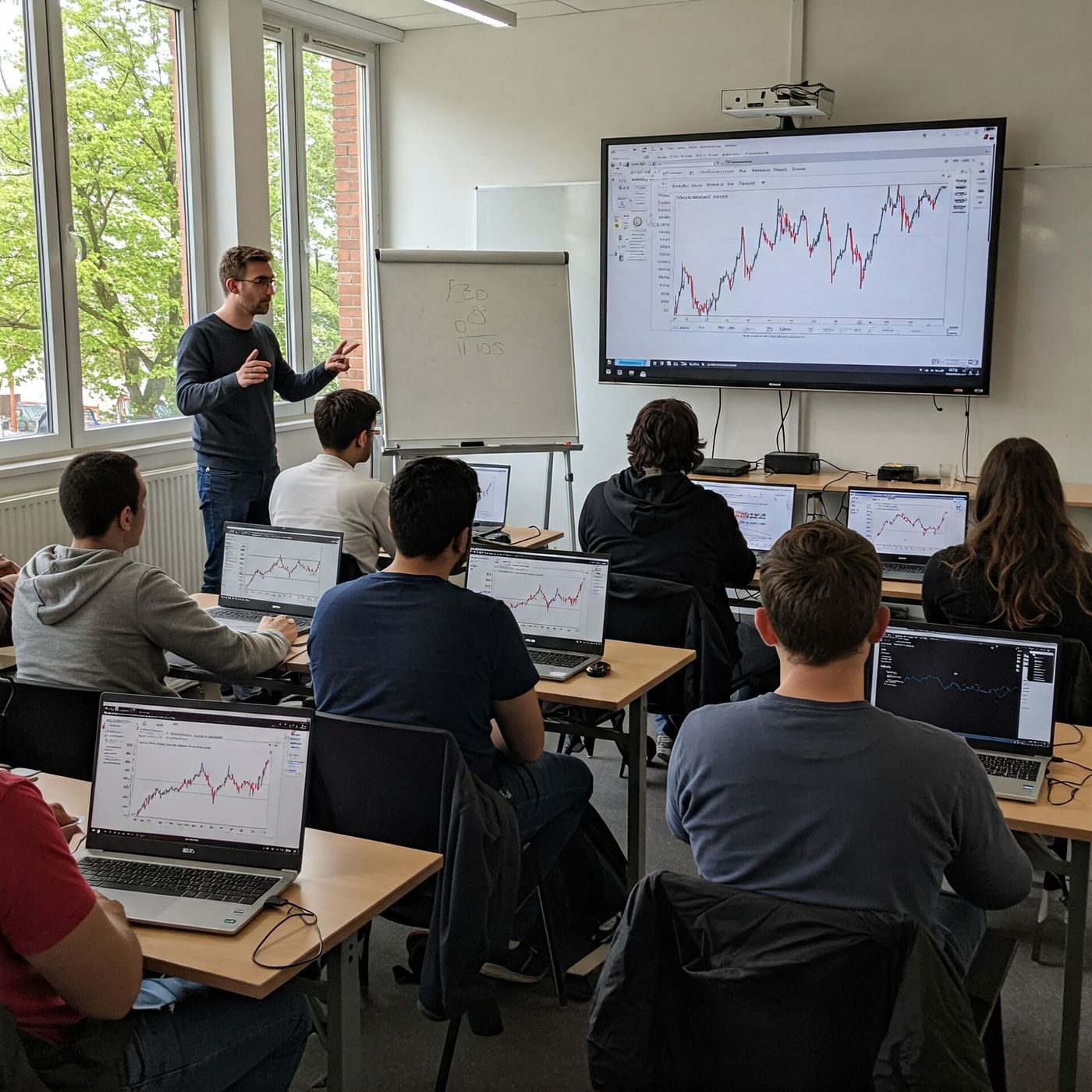 Ein KI-generiertes Bild einer Seminarsituation. Die Seminarteilnehmenden sitzen vor ihren Laptops und hören dem Dozenten zu