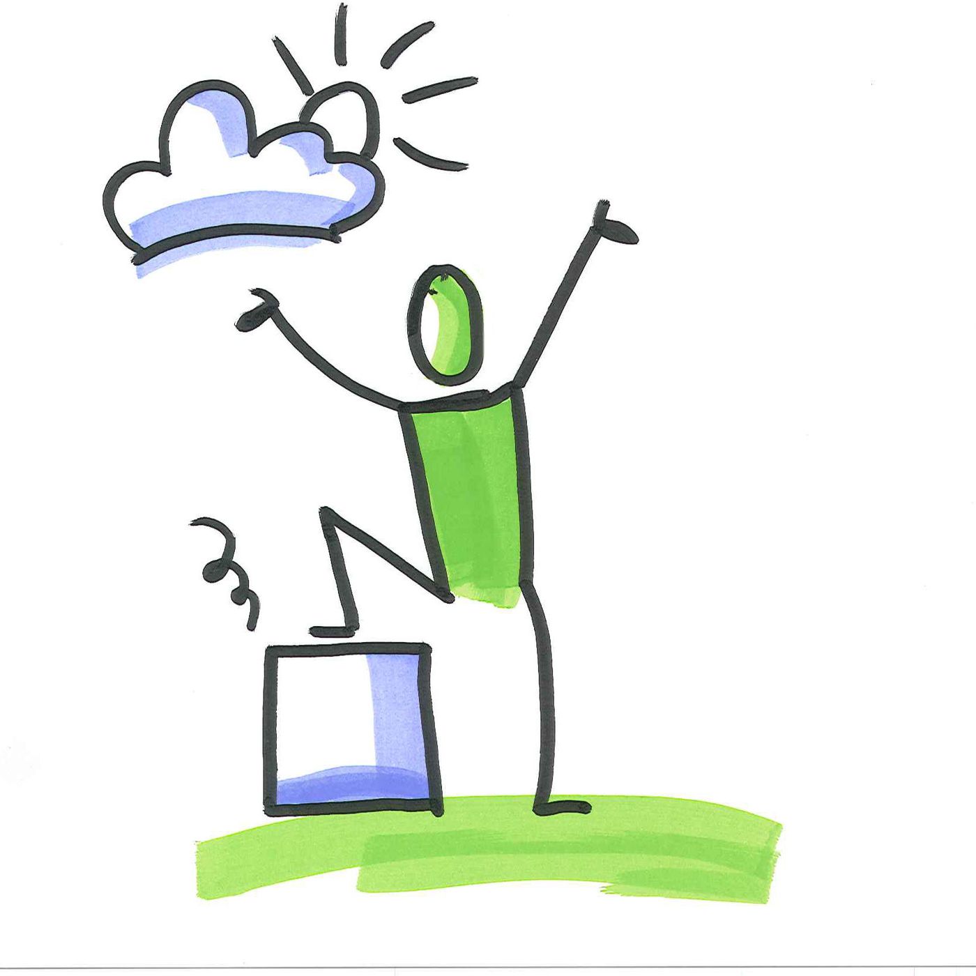 Eine gezeichnete Person jubelt auf einem Podest